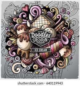 Ice Cream cartoon vector doodle illustration. Colorful detailed design with lot of objects and symbols. All elements separate