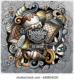 Ice Cream cartoon vector doodle illustration. Colorful detailed design with lot of objects and symbols. All elements separate