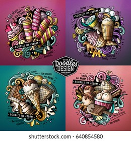 Ice Cream cartoon vector doodle illustration. Colorful detailed designs with lot of objects and symbols. 4 composition set. All elements separate