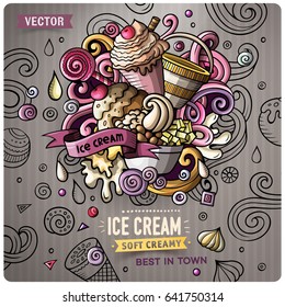 Ice Cream cartoon vector doodle illustration. Colorful detailed design with lot of objects and symbols. All elements separate