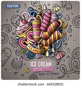 Ice Cream cartoon vector doodle illustration. Colorful detailed design with lot of objects and symbols. All elements separate