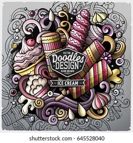 Ice Cream cartoon vector doodle illustration. Colorful detailed design with lot of objects and symbols. All elements separate