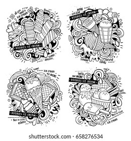 Ice cream cartoon vector doodle illustration. Line art detailed designs with lot of objects and symbols. 4 composition set. All elements separate