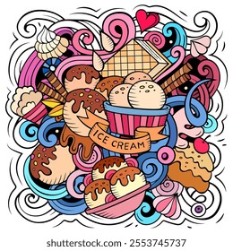 Ice Cream cartoon vector illustration. Chalkboard detailed composition with lot of Sweet Food objects and symbols. All items are separate