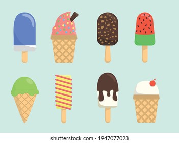 Icono de conjunto vectorial de dibujos animados de helados. Conjunto de helados en un estilo plano. Colección de colores de diferentes helados. Ilustración plana vectorial.