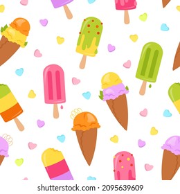 Ice cream cartoon wallpaper. Seamless pattern ice creams cone vanilla fruit, berry ice lolly. Kawaii summer sweet food repeat paper size. Scrapbook dessert endless ornament vector illustration