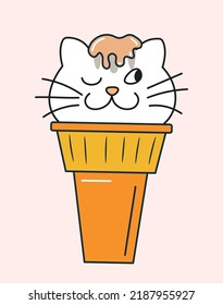 Ice cream cat. Cute pet in waffle cone with beige icing. Sweets and sugar products, delicacy and gourmet. Advertising poster or banner for website. Toy and mascot. Cartoon flat vector illustration