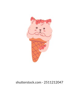 Ice cream cat. Cute pink kitten with waffle cone isolated on white background. Sweet food. Dessert. Summer party. Cartoon style. Hand drawn vector illustration.