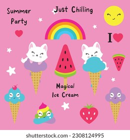 Ice cream cat kitten watermelon stickers  poster logo kids room decor t-shirt design print nursery little wall design wall design abstract inspiration