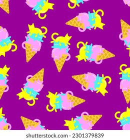 Ice cream cat pattern seamless. Eskimo pet background. Baby fabric texture