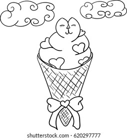 Ice cream. Cat. Sweets. Illustration. Cartoon. 
