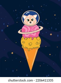 Ice cream with cat. Waffle cone with sweetness on space background background. Astrology and astronomy. Dessert and delicacy, gourmet. Fantasy and fairy tale. Cartoon flat vector illustration