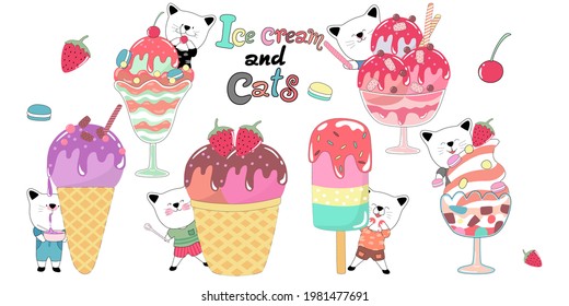 Ice cream and cats clip art design with doodle style for cards, stickers, patterns, t-shirt designs, room decorations, kids art, key chains, digital prints, fabric prints, mugs, DIY, craft and more.