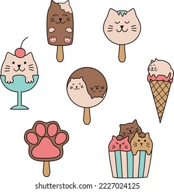 Ice cream cats vector doodle. Set of kawai kitten characters