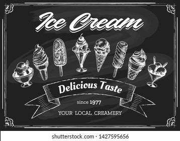 Ice cream chalk board drawing. Eskimo cream sketch on chalkboard background, icecream shop or restaurant dessert menu vector hand drawn illustration