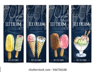 Eiscreme-Kreide-Skizze auf Kreidebrett. Vektorbanner mit Eis-Sortiment von Scheiben in Glasschüssel, Vanille eskimo und glasierte Schokoladensundae in Waferkegel, gefrorenes Fruchteis. Süßspeisen