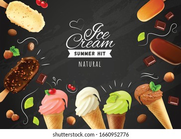 Ice cream chalkboard with frame of eskimo pies with white dark and milc varieties of chocolate glaze and waffle cones realistic vector illustration