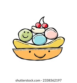 Ice cream character. Banana split. Kawaii style with black outline. Icon isolated on white
