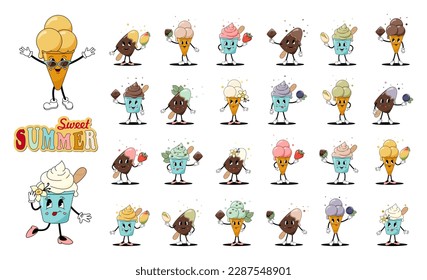 Ice cream character in a cone, in a cup, on a stick in 70s retro style. Big set. Mango, vanilla, strawberry, hazelnut, blueberry, pistachio, chocolate, mint, the best flavor collections.