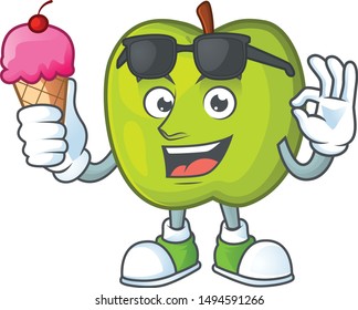With ice cream character granny smith green apple with mascot