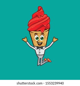 Ice Cream Character Jumping happy. Vector mascot illustration