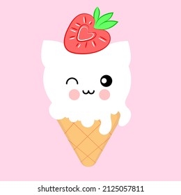 Eiscreme-Charakter kawaii-Katze, japanischer Stil, süß mit Erdbeere, Aufkleber, Stoffdruck, T-Shirt, Verpackung, Vektorgrafik