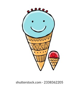 Ice cream character. Kawaii style with black outline. Icon isolated on white