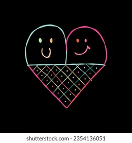 Ice cream character. Kawaii style icon with colorful outline isolated on black