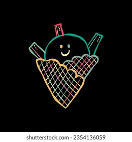 Ice cream character. Kawaii style icon with colorful outline isolated on black