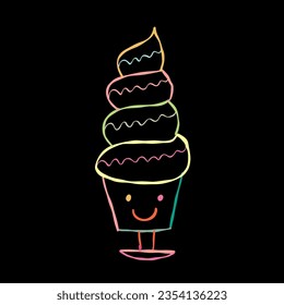 Ice cream character. Kawaii style icon with colorful outline isolated on black