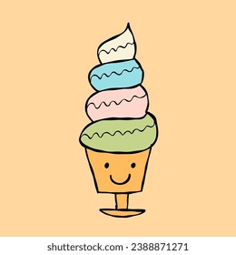 Ice cream character. Kawaii style icons with black outline