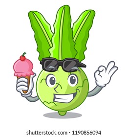With ice cream character kohlrabi on a wooden table