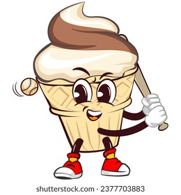 Ice cream character mascot with funny face playing baseball as a hitter ready to hit the ball with a bat, isolated cartoon vector illustration. emoticon, cute ice cream cone mascot