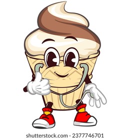 Ice cream character mascot with funny face of doctor with stethoscope, isolated cartoon vector illustration. emoticon, cute ice cream cone mascot