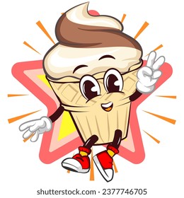 Ice cream character mascot with a funny face jumping for joy in front of a shining star while holding up a peace sign, isolated cartoon vector illustration. emoticon, cute ice cream cone mascot
