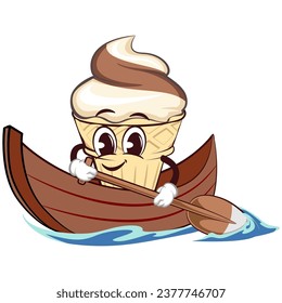 Ice cream character mascot with funny face rowing a boat, isolated cartoon vector illustration. emoticon, cute ice cream cone mascot