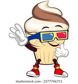 Ice cream character mascot with funny face wearing 3 dimensional glasses to watch 3d movie, isolated cartoon vector illustration. emoticon, cute ice cream cone mascot