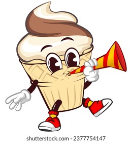 Ice cream character mascot with funny face blowing party trumpet, isolated cartoon vector illustration. emoticon, cute ice cream cone mascot