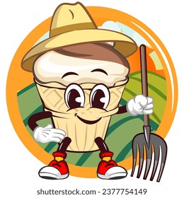 Ice cream character mascot logo with funny face wearing farmer hat and carrying fork scrop in front of field view in circle, isolated cartoon vector illustration. emoticon, cute ice cream cone mascot