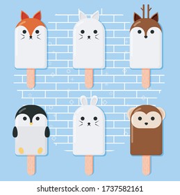 ice cream character. monkey, cat, penguin, rabbit, deer and fox. against a blue background