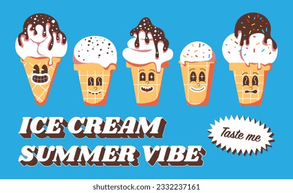 Ice Cream Character, Retro Mascot Character. Summer vibe, text, menu. Illustration in vintage style with halftone.