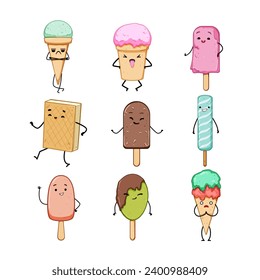 ice cream character set cartoon. food cone, summer happy, waffle kid ice cream character sign. isolated symbol vector illustration