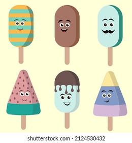 Ice cream characters. Cute cartoons on yellow background