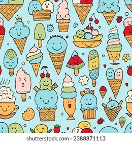 Ice cream characters. Kawaii style. Seamless pattern background for your design