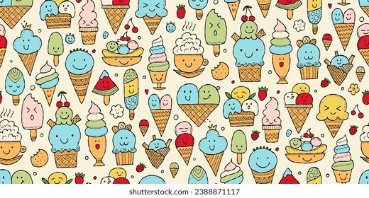 Ice cream characters. Kawaii style. Seamless pattern background for your design