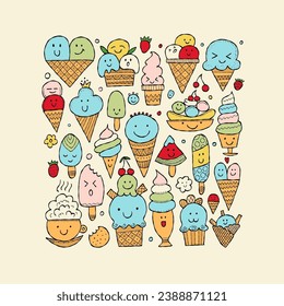 Ice cream characters. Kawaii style, flat. Square frame for your design