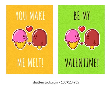 Ice Cream Characters In Love. Greeting Cards For Valentines Day. Vector.