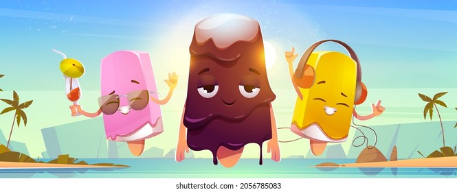 Ice cream characters on summer sea beach. Funny popsicle eskimo pies with kawaii face express emotions, listen music, melting on heat, wear sunglasses and drinking cocktail cartoon vector illustration