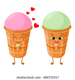 Ice Cream Characters Raspberry or Strawberry and Mint or Apple in Waffle Cup, Hand Drawn Vector Illustration EPS 10
