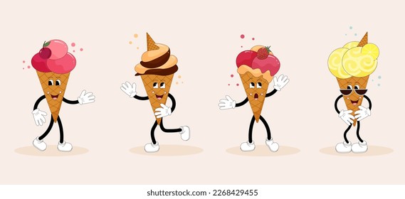 Ice cream characters set. Fun, mischievous and cute illustrations in cartoon style. Vector on a colored background. For stickers, covers and brochures, social networks and advertising, flyers and